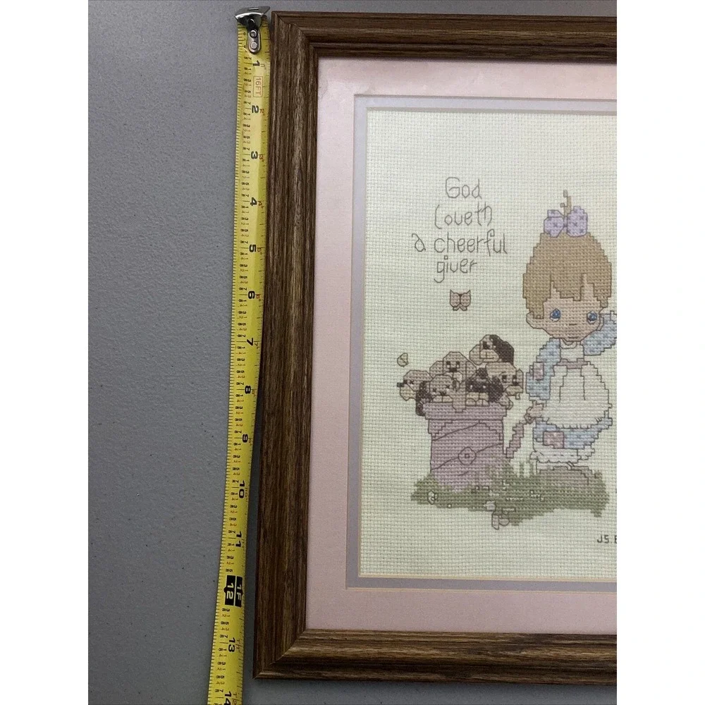 VTG Framed Needlepoint Cross Stitch Precious Moments Christian Signed Dated Set